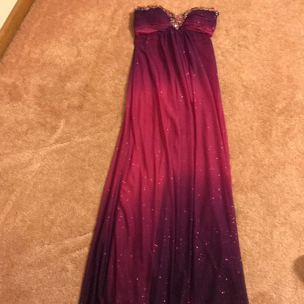 Ombré purple and pink strapless prom dress